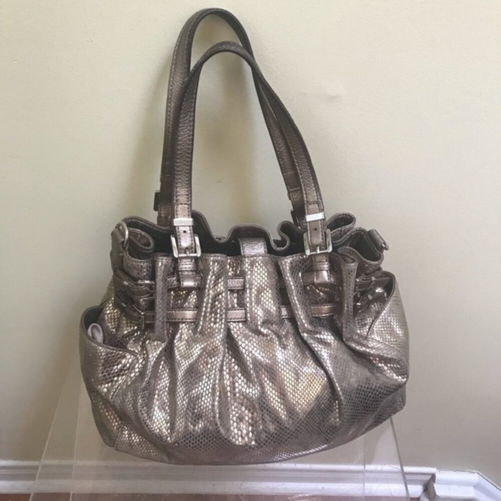Michael Kors Leather Snake Print Gold Shoulder Hobo Bag Satchel Pockets Neutral - Picture 2 of 16